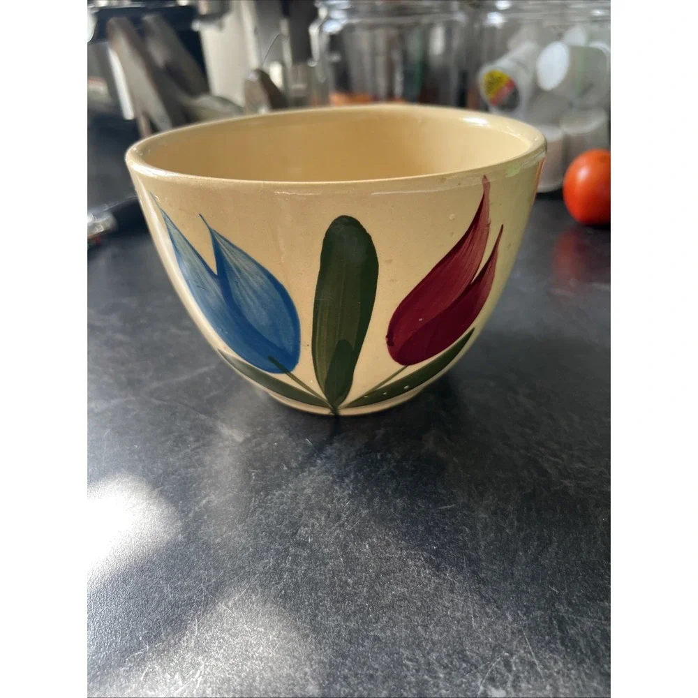Vtg U.S.A. Oven Ware Mixing Bowl Ovenware Ceramic Tulips Farmhouse Decor 4.5